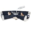 Waterproof Sectional Reclining Couch Covers L Shaped Recliner Sectional Sofa Cover 7 Piece Non Slip Washable Corner Recliner Slipcover Set for Pet Dog (5 Seater Cover, Navy Blue)