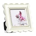 Wavy 4x4 Picture Frame White with Gold Beaded Trim, Resin Frame with Real Glass, Vertical and Horizontal Desk Tabletop or Wall Hanging