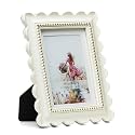 Wavy 5x7 Picture Frame White with Gold Beaded Trim, Resin Frame with Real Glass, Display 5x7 Photos Matted to 4x6, Vertical and Horizontal Desk Tabletop or Wall Hanging