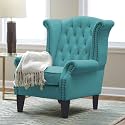 WAYSIDE Prister Solid Wood Chesterfield Upholstered Arm Chair Wingback Chair for Living Room High Back Wing Chair Cushioned Lounge Chair Single Seater Blue