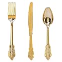 WDF 300 Pieces Gold Plastic Silverware Disposable - Heavy Duty Plastic Cutlery - Gold Silverware Sets Includes 100 Forks, 100 Spoons, 100 Knives for Baby Shower/Wedding/Birthday/Thanksgiving Party