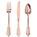 WDF-300 Pieces Rose Gold Plastic Silverware- Disposable Flatware -Heavyweight Plastic Cutlery- Includes 100 Forks, 100 Spoons, 100 Knives for Wedding/Parties/Birthday