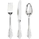WDF 360 Pieces Silver Plastic Silverware- Disposable Flatware - Heavyweight Plastic Cutlery- Includes 120 Forks, 120 Spoons, 120 Knives for Christmas