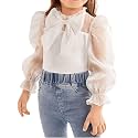WDIRARA Girl's Bow Front Cute Long Sleeve Blouse Mock Neck Shirt Ruffle Mesh Casual Top Tee
