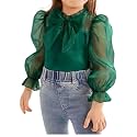 WDIRARA Girl's Bow Front Cute Long Sleeve Blouse Mock Neck Shirt Ruffle Mesh Casual Top Tee