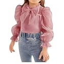 WDIRARA Girl's Bow Front Cute Long Sleeve Blouse Mock Neck Shirt Ruffle Mesh Casual Top Tee