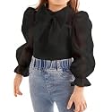WDIRARA Girl's Bow Front Cute Long Sleeve Blouse Mock Neck Shirt Ruffle Mesh Casual Top Tee