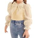 WDIRARA Girl's Bow Front Cute Long Sleeve Blouse Mock Neck Shirt Ruffle Mesh Casual Top Tee
