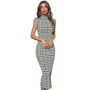 WDIRARA Womens Houndstooth Mock Neck Cap Sleeve