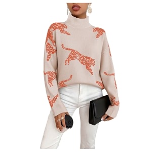 WDIRARA Womens Leopard Tiger Print Sweater High