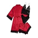 WDIRARA Women's Silk Satin 4pcs Pajamas Set Sleepwear with Robe
