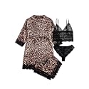 WDIRARA Women's Silk Satin 4pcs Pajamas Set Sleepwear with Robe