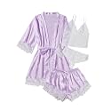WDIRARA Women's Silk Satin 4pcs Pajamas Set Sleepwear with Robe
