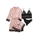 WDIRARA Women's Silk Satin 4pcs Pajamas Set Sleepwear with Robe