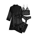 WDIRARA Women's Silk Satin 4pcs Pajamas Set Sleepwear with Robe
