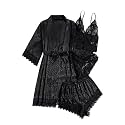 WDIRARA Women's Silk Satin 4pcs Pajamas Set Sleepwear with Robe