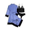 WDIRARA Women's Silk Satin 4pcs Pajamas Set Sleepwear with Robe