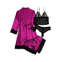 WDIRARA Women's Silk Satin 4pcs Pajamas Set Sleepwear with Robe