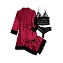 WDIRARA Women's Silk Satin 4pcs Pajamas Set Sleepwear with Robe