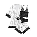 WDIRARA Women's Silk Satin 4pcs Pajamas Set Sleepwear with Robe