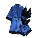 WDIRARA Women's Silk Satin 4pcs Pajamas Set Sleepwear with Robe