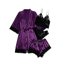 WDIRARA Women's Silk Satin 4pcs Pajamas Set Sleepwear with Robe