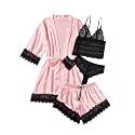 WDIRARA Women's Silk Satin 4pcs Pajamas Set Sleepwear with Robe