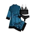 WDIRARA Women's Silk Satin 4pcs Pajamas Set Sleepwear with Robe