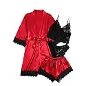 WDIRARA Women's Silk Satin 4pcs Pajamas Set Sleepwear with Robe