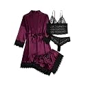 WDIRARA Women's Silk Satin 4pcs Pajamas Set Sleepwear with Robe