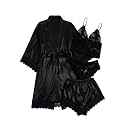 WDIRARA Women's Silk Satin 4pcs Pajamas Set Sleepwear with Robe