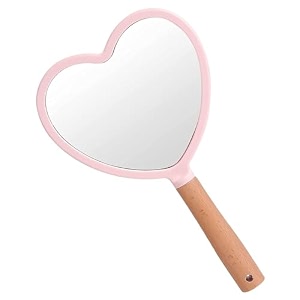 handheld makeup mirror - heart shape pack of 1  portable wooden shaving amp makeup mirror with handle and hanging hole  single side vanity mirror for grooming salon home amp daily use - pink