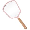 Handheld Makeup Mirror - Fan Shape (Pack of 1) | Portable Wooden Shaving &amp; Makeup Mirror with Handle and Hanging Hole | Single Side Vanity Mirror for Grooming, Salon, Home &amp; Daily Use - Pink