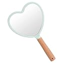 Handheld Makeup Mirror with Handle, Small Cute Wooden Shaving Mirror with Single Side Hanging Hole, Travel Portable for Men Women (Heart, Green Pack of 1)