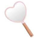 Handheld Makeup Mirror - Heart Shape (Pack of 1) | Portable Wooden Shaving &amp; Makeup Mirror with Handle and Hanging Hole | Single Side Vanity Mirror for Grooming, Salon, Home &amp; Daily Use - Pink