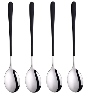 soup spoons colorful 304 stainless steel soup spoon long handle dessert scoop for rice porridge salad table spoons dinnerware tableware table spoons flatware cutlery pack - black - 4
