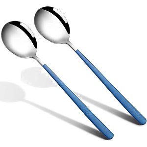soup spoons colorful 304 stainless steel soup spoon long handle dessert scoop for rice porridge salad table spoons dinnerware tableware table spoons flatware cutlery pack - blue - 2