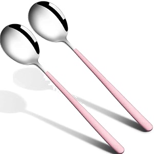 soup spoons colorful 304 stainless steel soup spoon long handle dessert scoop for rice porridge salad table spoons dinnerware tableware table spoons flatware cutlery pack - pink - 2