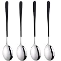 Soup Spoons Colorful 304 Stainless Steel Soup Spoon Long Handle Dessert Scoop for Rice Porridge Salad Table Spoons Dinnerware Tableware Table Spoons Flatware Cutlery (Pack - Black - 4)
