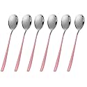 Soup Spoons Colorful 304 Stainless Steel Soup Spoon Long Handle Dessert Scoop for Rice Porridge Salad Table Spoons Dinnerware Tableware Table Spoons Flatware Cutlery (Pack - Pink - 6)