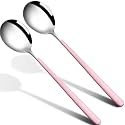 Soup Spoons Colorful 304 Stainless Steel Soup Spoon Long Handle Dessert Scoop for Rice Porridge Salad Table Spoons Dinnerware Tableware Table Spoons Flatware Cutlery (Pack - Pink - 2)