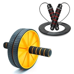 wearslim professional double wheel ab roller with skipping rope ball bearings rapid speed jump rope amp non-slip handles abdominal workout wheel - multicolor