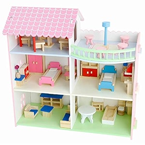 webby wood pretend play wooden doll house with furniture for girls and boys  three floor open side dollhouse kids