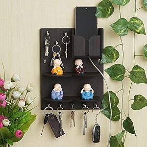 webelkart premium key chain hanging boardwall hanging key holder with mobile charging stand 115 inches 10 hooks wood