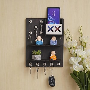 webelkart wooden premium key chain wall hanging key holder diwali decorations items for home decor key hanger 10 hook- brown