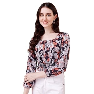 Wedani Womens Casual Foral Print Puff Sleeve