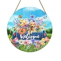 Welcome Door Sign Flower Truck with Retriever Dog Door Hanger Spring Summer Floral Butterfly Decorative Hanging Porch Signs for Wall Outdoor
