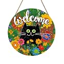 Welcome Spring Summer Black Cat Sign for Front Door Decor Spring Flowers Door Hanger for Outdoor Outside Porch Seasonal Summer Farmhouse Wooden Wreath Colorful Wall Hanging Decoration 12"x12"