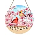 Welcome Spring Summer Cardinal Birds Front Door Sign 12"x12" Pink Blossoming Flower Floral Wood Door Hanger for Outdoor Outside Porch Decor Farmhouse Seasonal Wreaths for Front Door Wall Hanging Sign