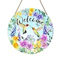 Welcome Spring Summer Hummingbird Front Door Sign Decor 12"x12" Spring Floral Flowers Wood Door Hanger for Outdoor Outside Porch Seasonal Farmhouse Wooden Wreath Wall Hanging Sign for Home Yard